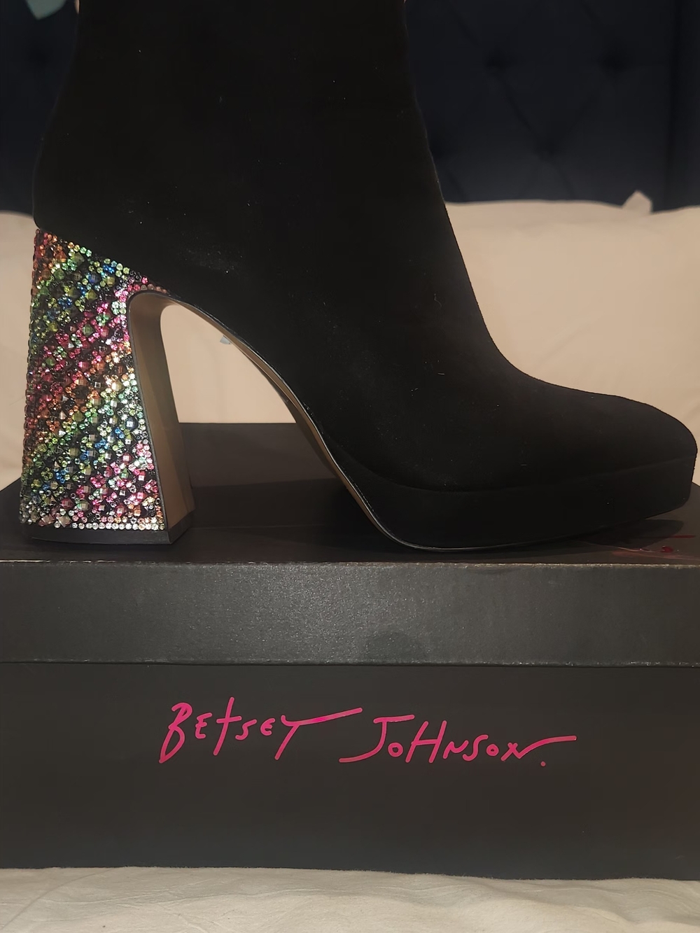 Betsey Johnson Black Suede Ankle Boot with Multicolor Crystal Heel